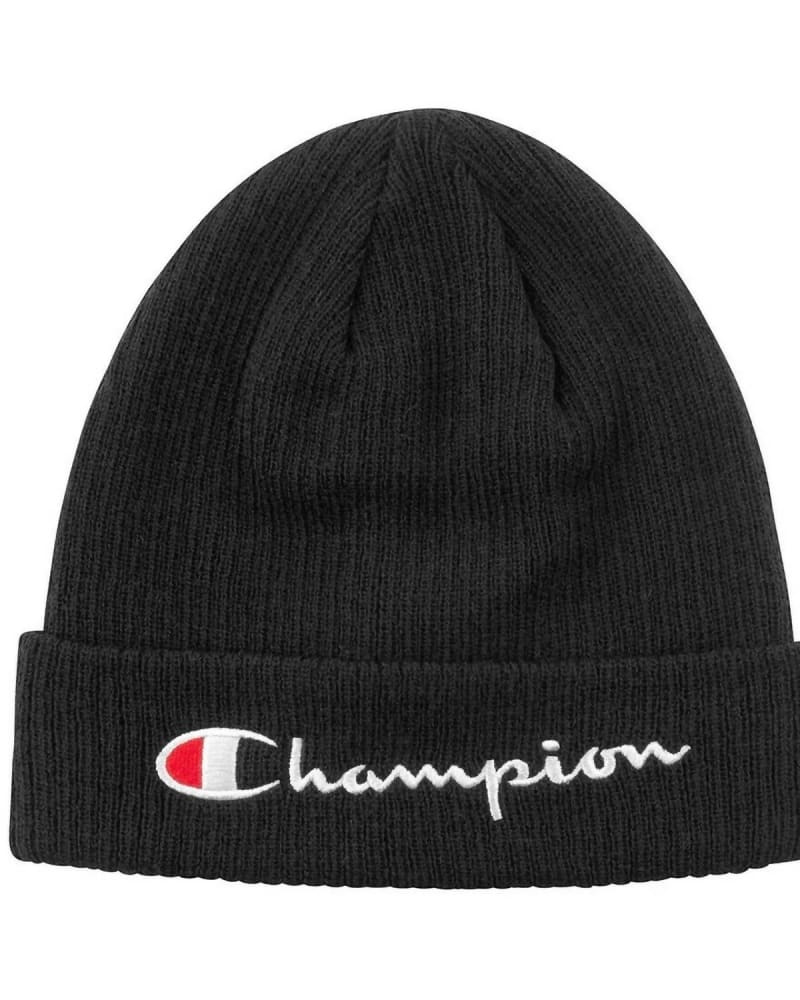 Front of a model wearing a size one-size-fits-all Logo Cuff Beanie In Black in Black by Champion. | dia_product_style_image_id:358854